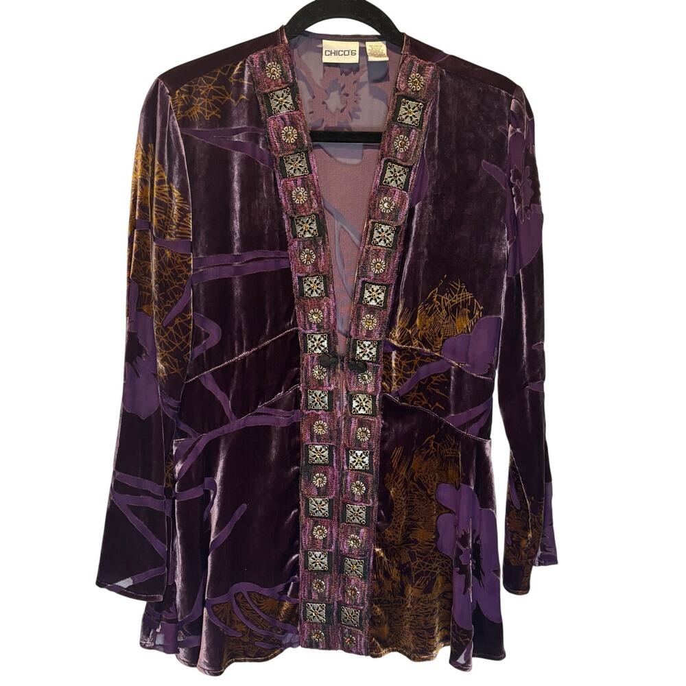 Vintage Chico's Purple Velvet Floral Print Long Length Cardigan jacket - Small